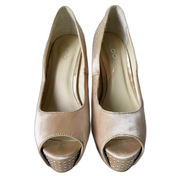 Aldo Gold Satin Rhinestone Peep Toe Platform Pumps Heels - Women's Size 8 - Picture 3 of 9